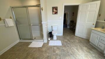 Jetted bath, hair dryer, towels, soap