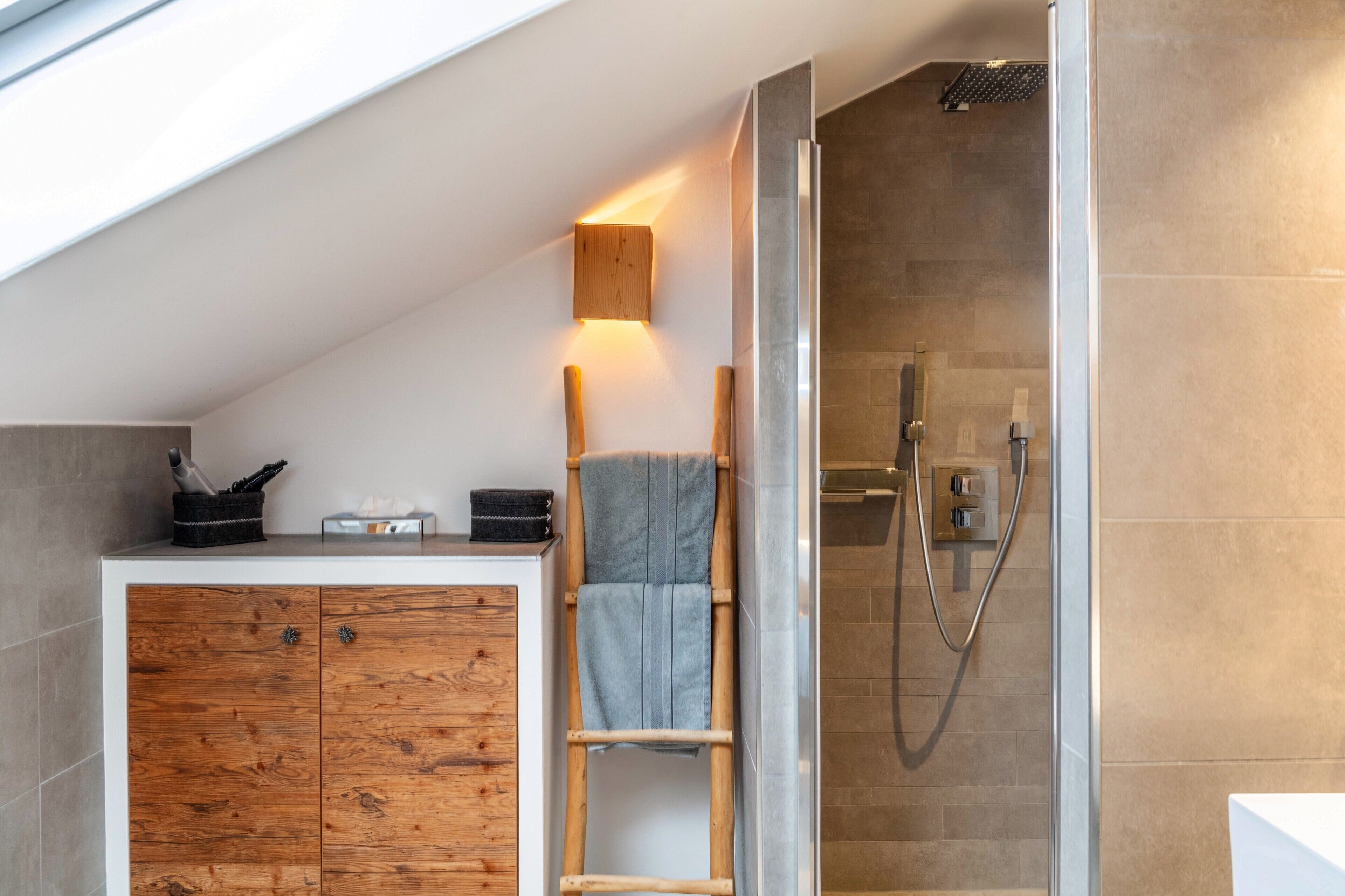 Shower, hair dryer, towels