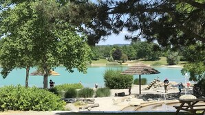 A lakeside park with picnic tables, a thatched-roof pavilion, and a calm lake.