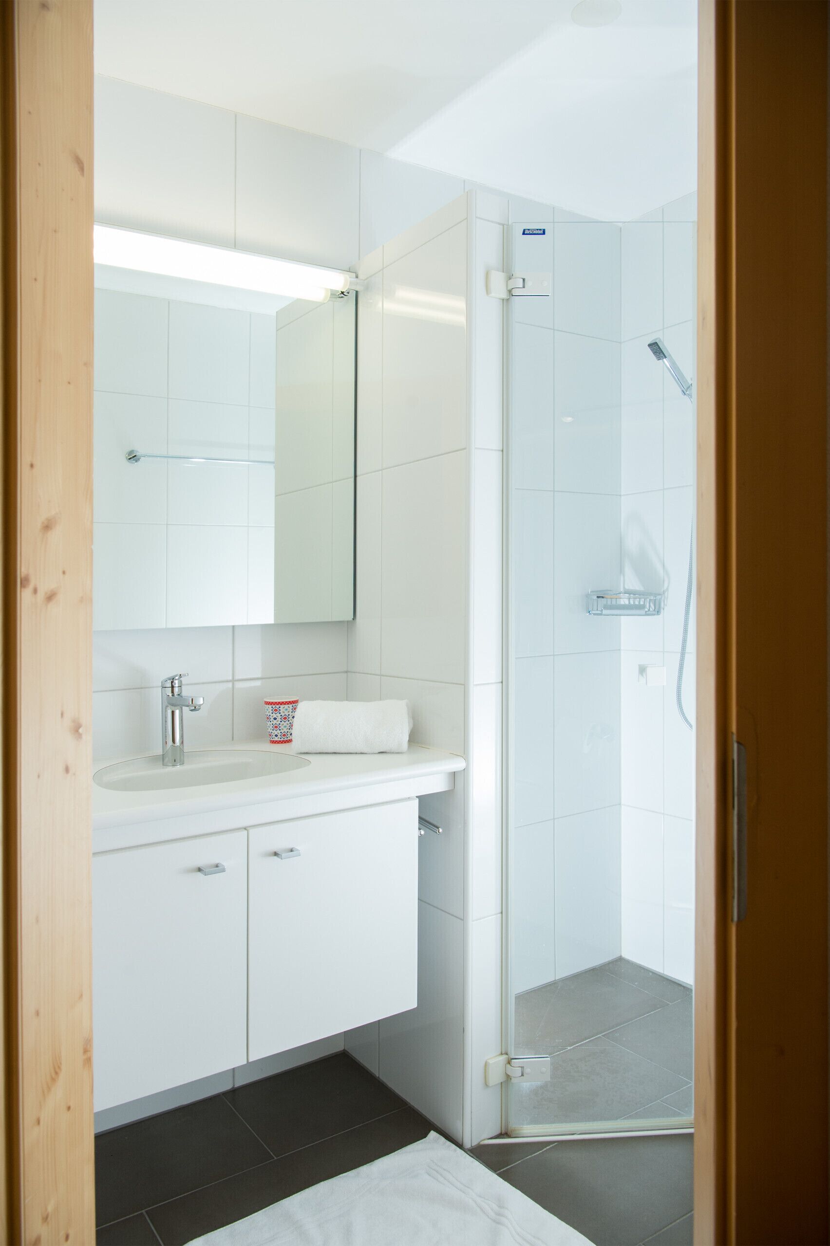 Een moderne badkamer met een wit wastafelmeubel, spiegel en douche.