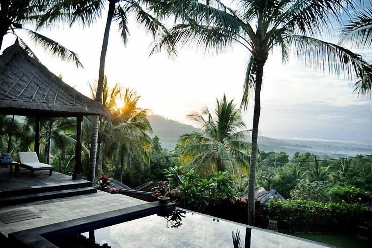 A poolside area with a thatched roof structure, a lounge chair, and a view of palm trees and a distant landscape.