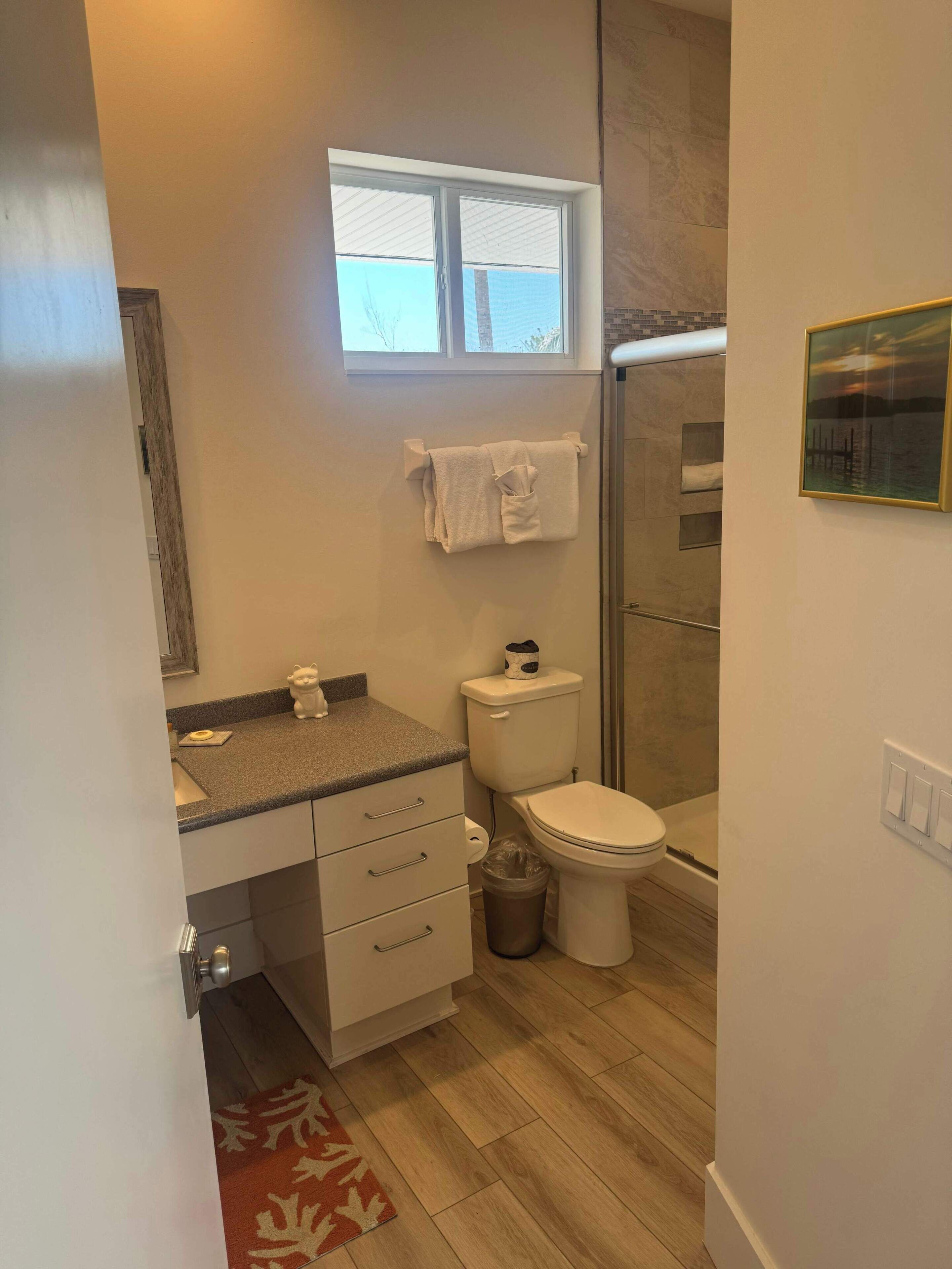 A bathroom with a toilet, a sink, a towel rack, a window, and a shower area.