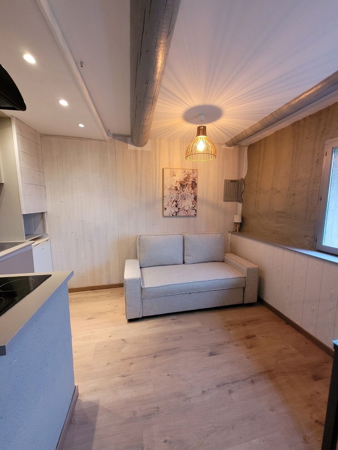 A modern kitchen with a built-in stove, a grey sofa, and a wooden accent wall.