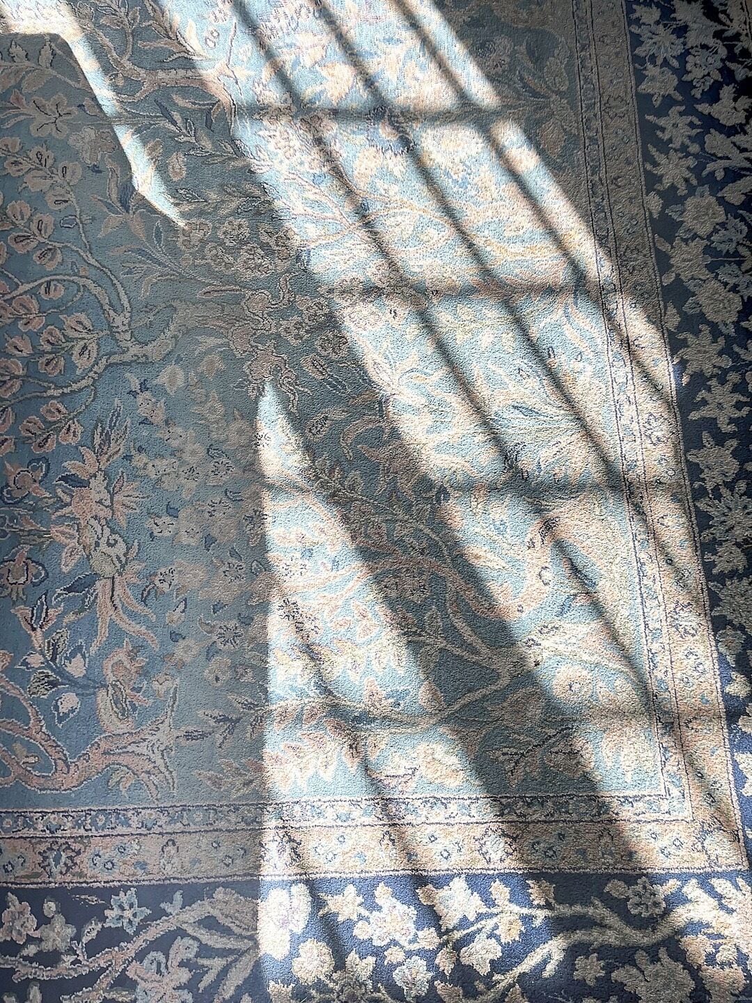 A patterned carpet with a floral design and a shadow cast by window blinds.