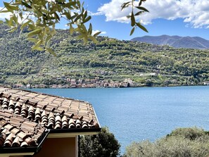 Un pueblo a orillas del lago con tejados de teja terracota, rodeado de exuberante vegetación y montañas al fondo.