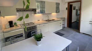 A modern kitchen with white cabinetry, a central island, and a hanging plant. - Villa Olivella in Sale Marasino (Sale Marasino)