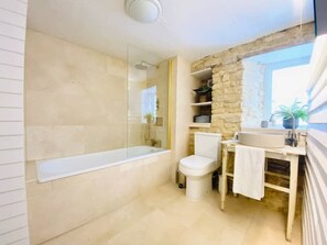 Hair dryer, towels, soap, toilet paper