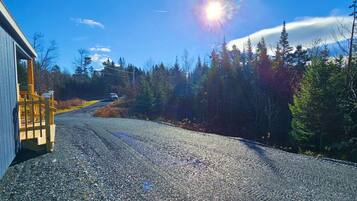 A gravel road leading to a wooden deck with a house on the left.