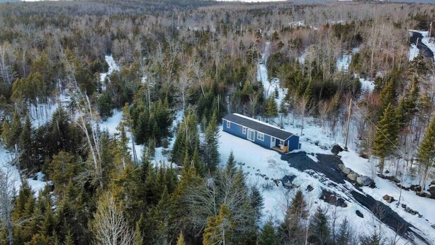 A remote cabin surrounded by dense forest and snow-covered ground.