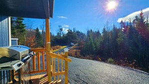A cabin with a grill and outdoor seating area, surrounded by a forested landscape.