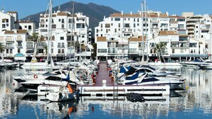 A marina with multiple boats docked, a central walkway, and white buildings with balconies in the background.