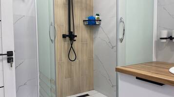 Shower, jetted tub, hair dryer, bidet