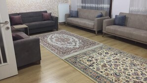 Ein Wohnzimmer mit zwei Sofas, einem Couchtisch und einem gemusterten Teppich.