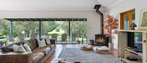 Televisión, chimenea, reproductor de DVD, futbolito