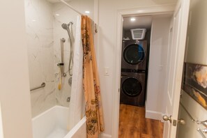 Hair dryer, towels, soap, shampoo