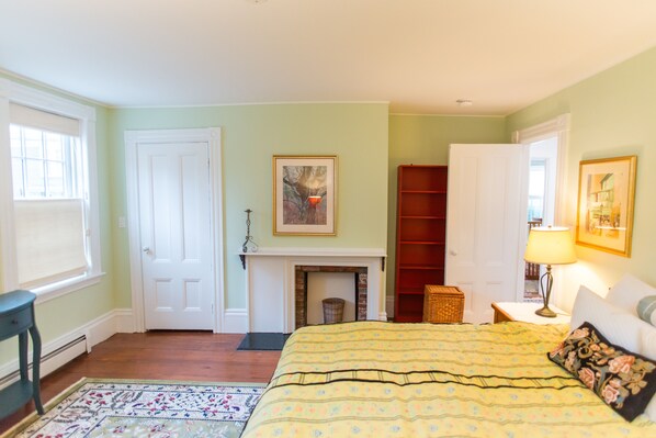 A bedroom with a bed, a fireplace, a bookshelf, and a door.