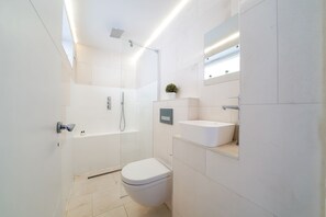 Douche, sèche-cheveux, serviettes fournies, savon