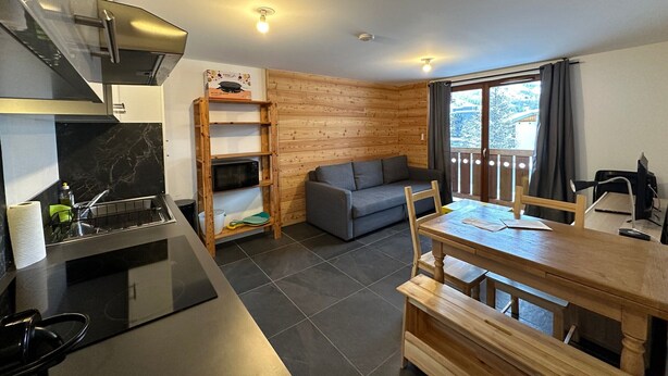 Une cuisine compacte équipée d’une cuisinière, d’un four à micro-ondes et d’un évier. On y trouve une étagère en bois, un canapé gris et une table à manger avec des chaises. Une fenêtre avec des rideaux est visible, et la pièce présente un design moderne et épuré.