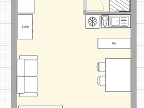 Un plan d’aménagement de chambre d’hôtel comprenant un buffet, un bar et un espace salon.