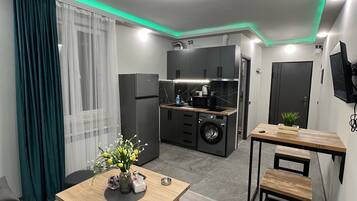 Deluxe Apartment, 1 Queen Bed, Non Smoking, Courtyard View | Private kitchen | Full-sized fridge, microwave, stovetop, blender