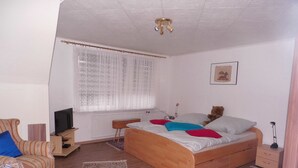 A bedroom with a wooden bed, a chair, a television, and a window with curtains. - Ferienwohnung, Besonders für Familien im Oderbruch (Oderaue)