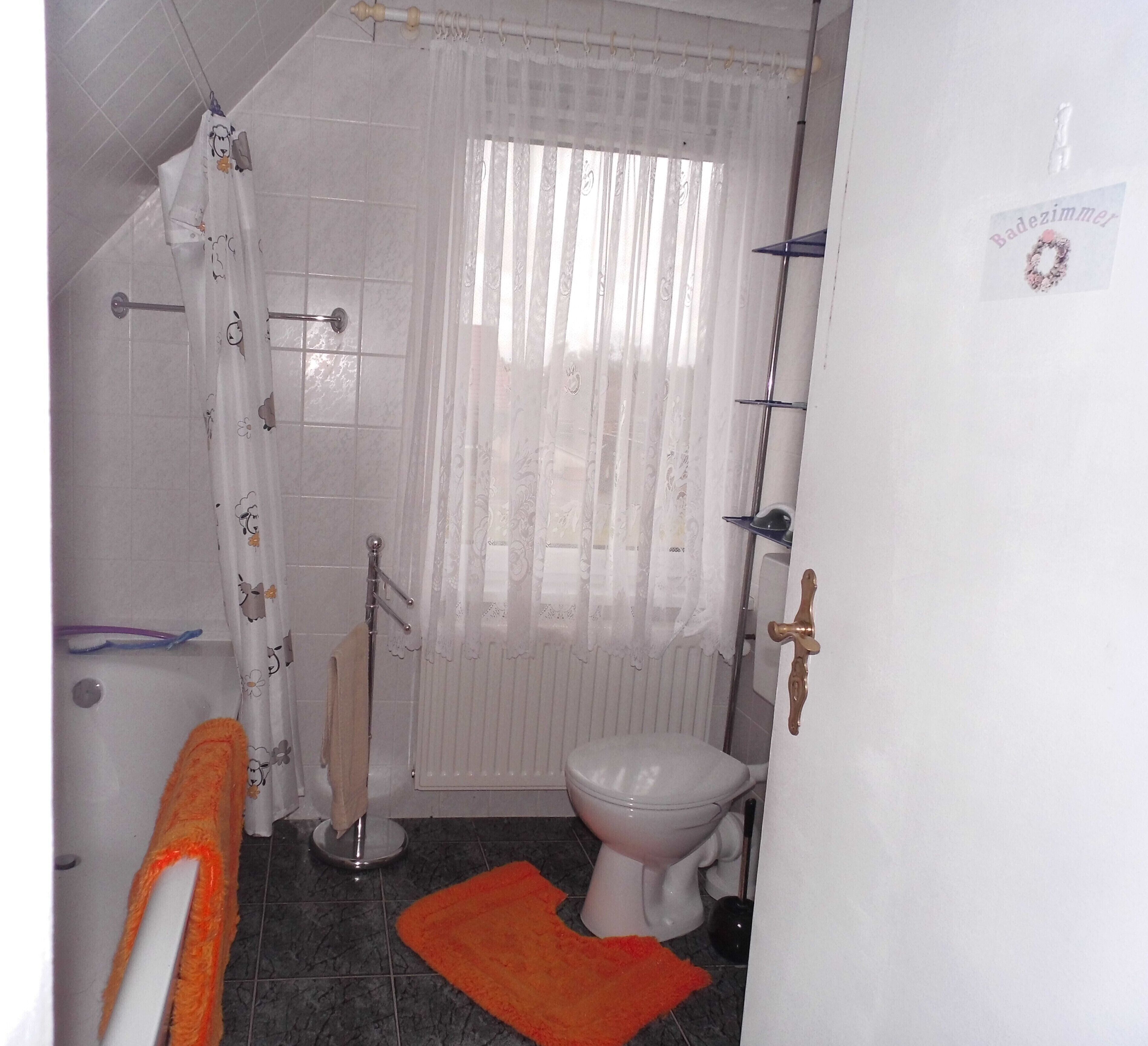 Une salle de bain équipée de toilettes, d’un rideau de douche, d’un porte-serviettes et d’un radiateur.