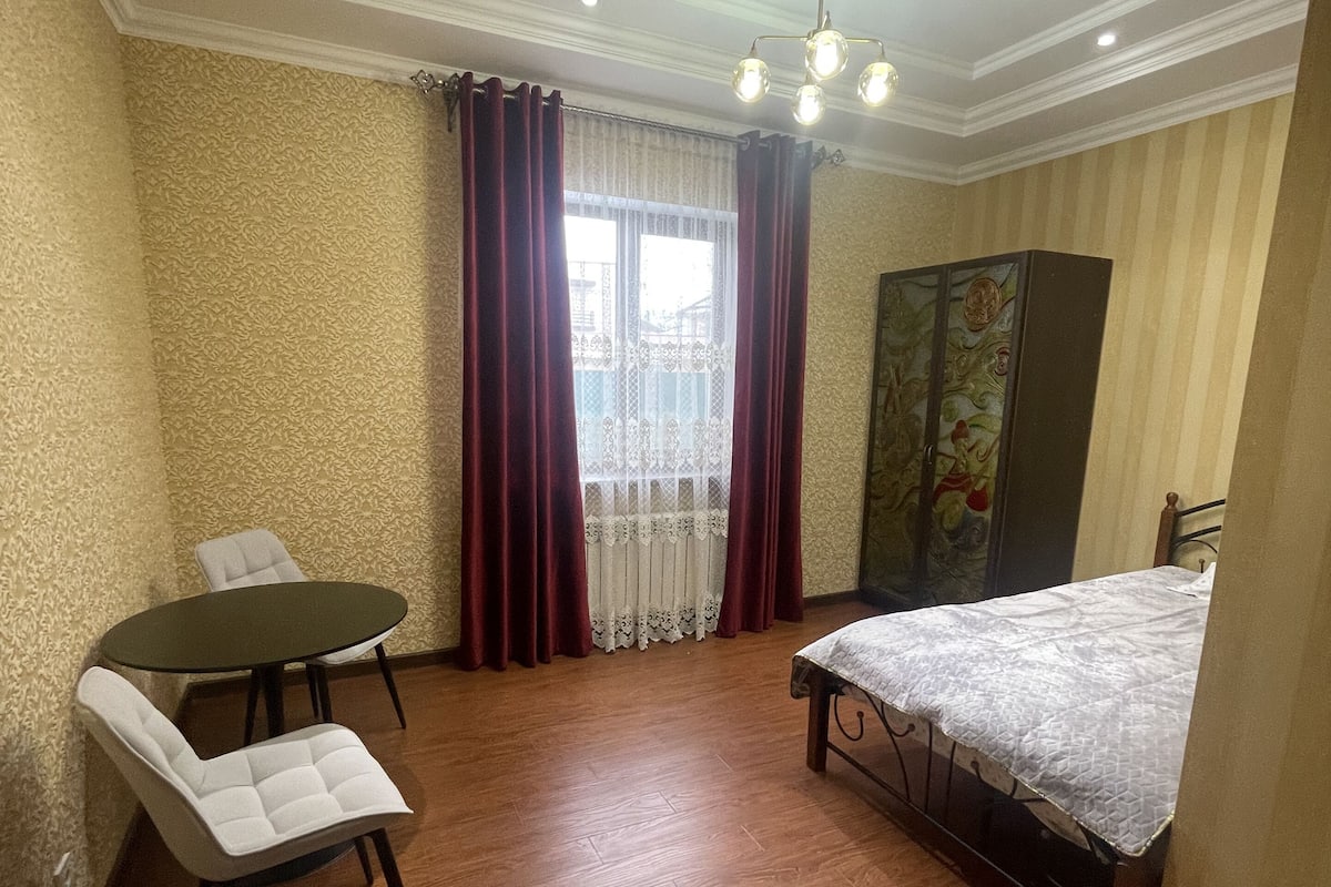 1 bedroom, desk, blackout curtains, iron/ironing board