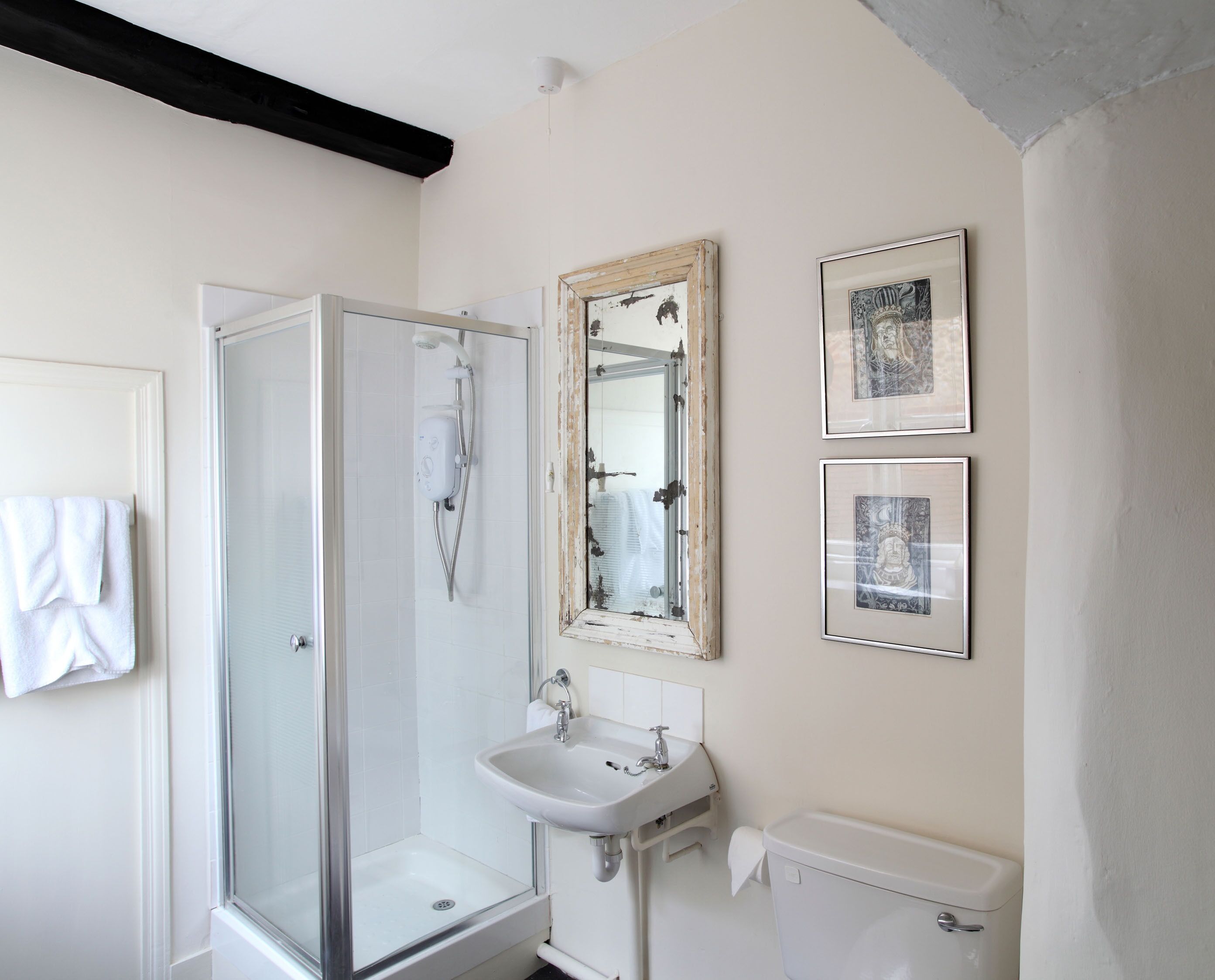 A bathroom with a glass-enclosed shower, a white sink, a toilet, and two framed pictures on the wall.