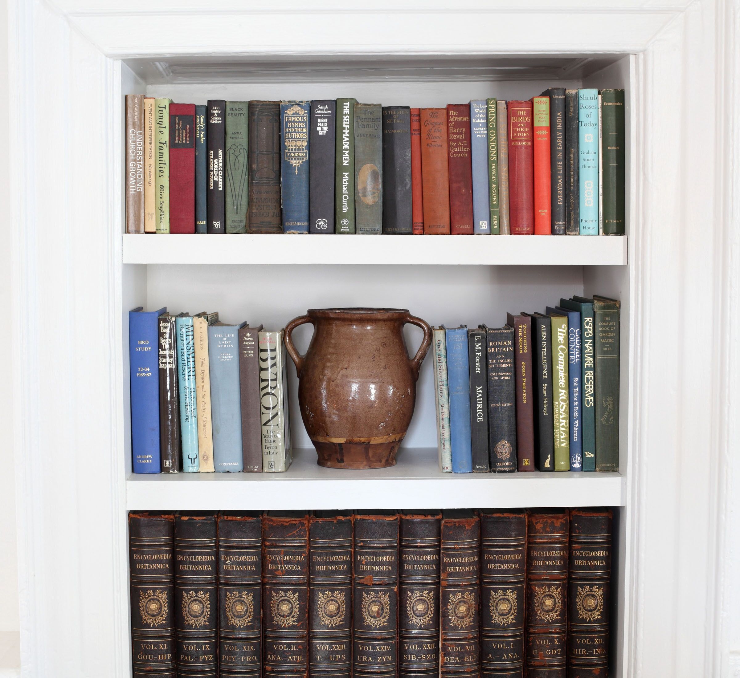 Een boekenplank met diverse boeken, een grote keramieken kan en meerdere banden van de Britannica-encyclopedie.