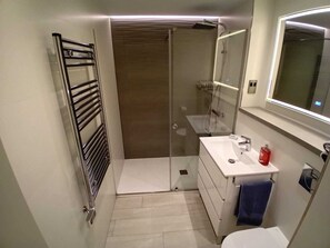 Une salle de bain moderne avec une douche à parois de verre, un lavabo blanc et un miroir au-dessus.