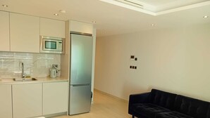 A modern kitchen with a built-in microwave, a stainless steel refrigerator, and a sink. There is a dark-colored sofa in the living area. - Marina Club Adriatic, Gibraltar - Studio Apartment (Gibraltar)