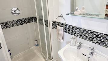 Hair dryer, towels, soap, toilet paper