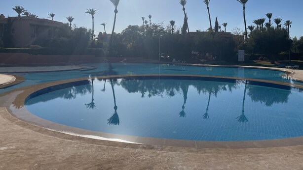 Una piscina amplia y cristalina, con borde de azulejos, rodeada de palmeras y un edificio al fondo.