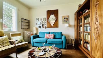 Télévision, cheminée, livres