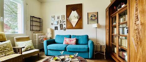 Télévision, cheminée, livres