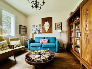 Télévision, cheminée, livres