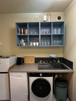A compact kitchen with a washing machine, a coffee maker, and a dish rack. - Au Bord de la Rive (Lormont)