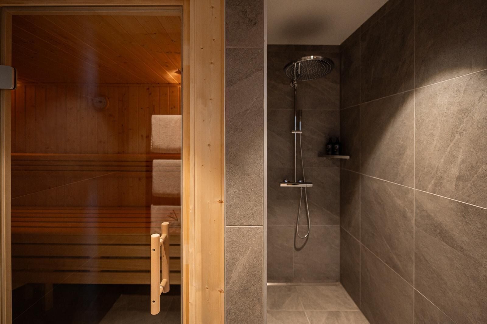 Una sauna de madera con puerta de vidrio, zona de ducha con cabezal de ducha instalado en la pared y un pequeño estante con artículos de aseo.