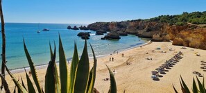 Una playa con aguas azules cristalinas, acantilados rocosos y una fila de tumbonas.