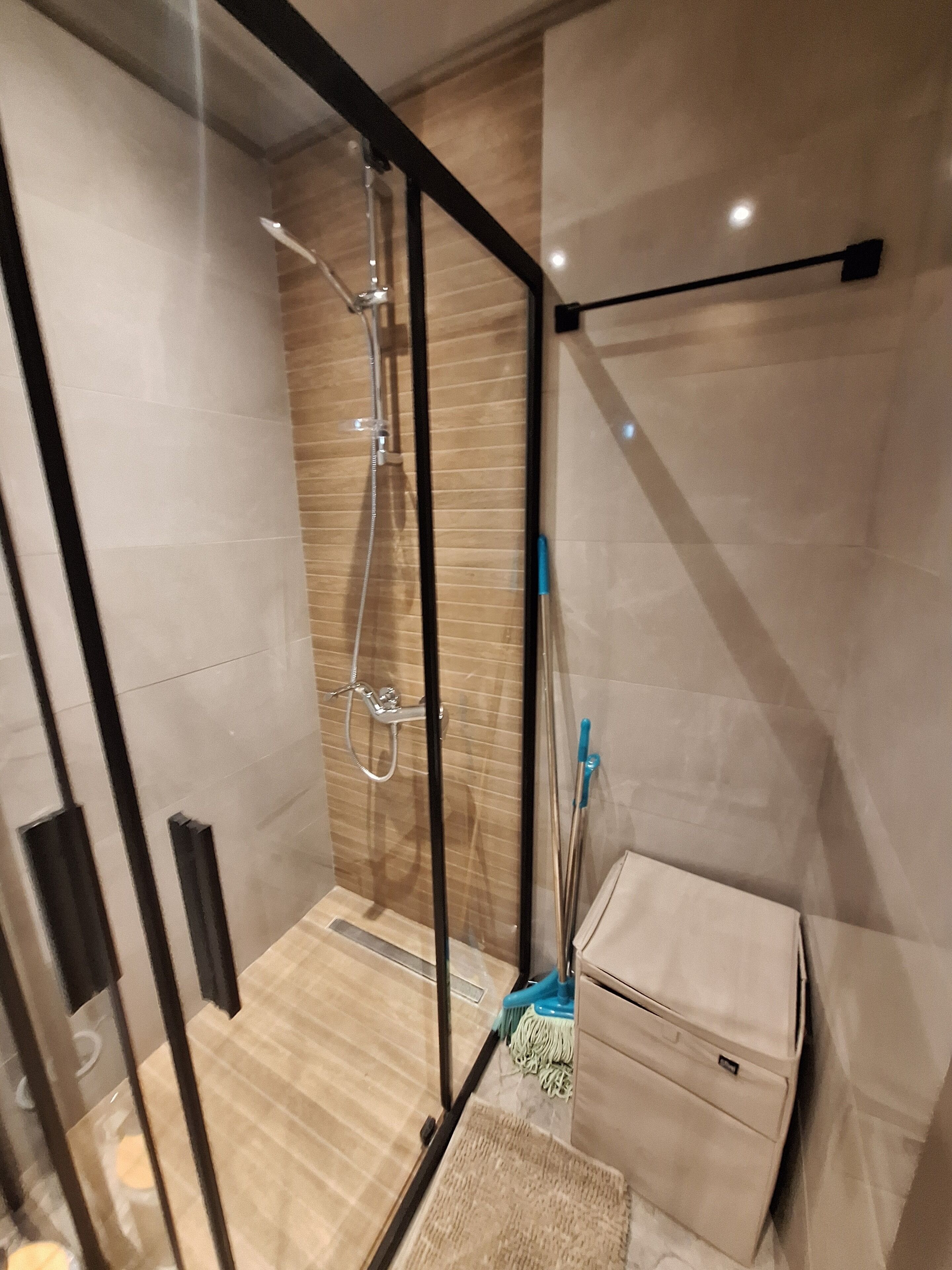 A modern shower area with a glass door, a handheld showerhead, and a blue cleaning mop leaning against the wall.