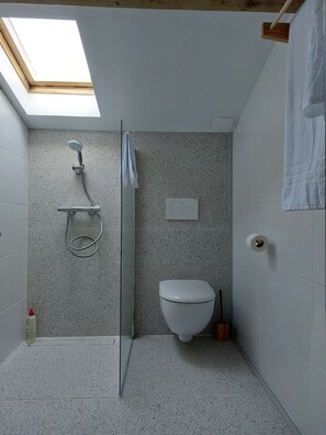 Chuveiro, secador de cabelo, toalhas de banho 