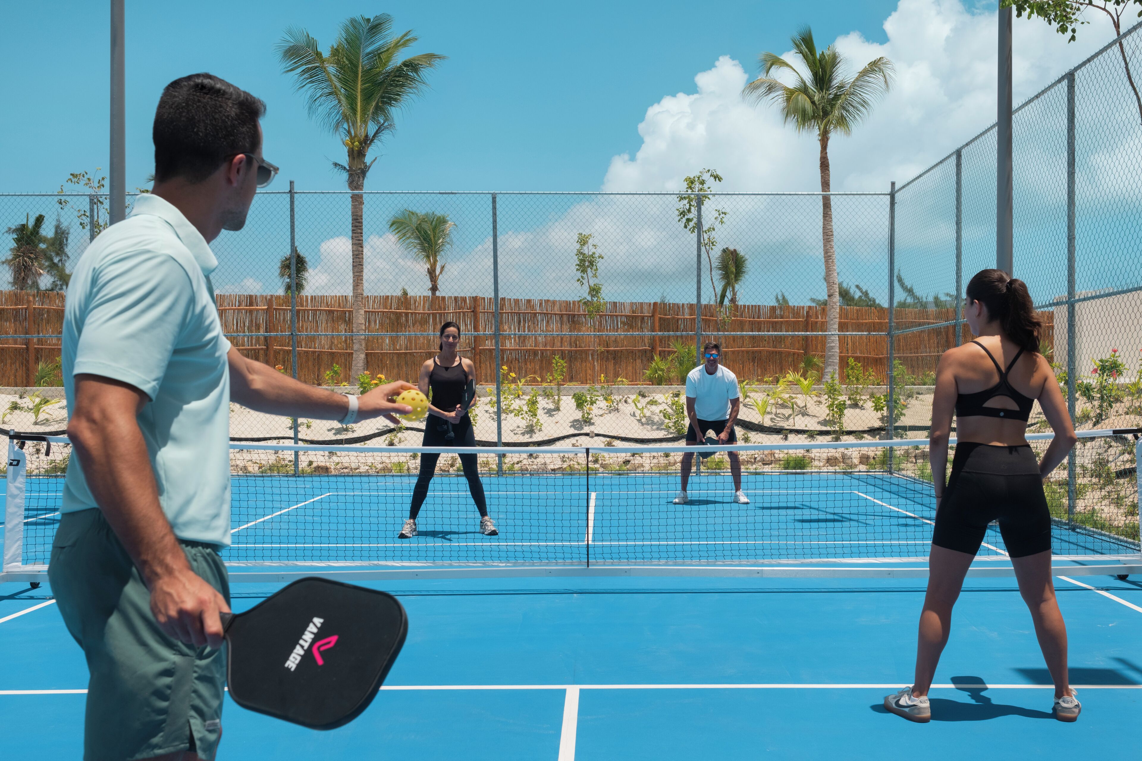 A tennis court with a net, palm trees, and a fence in the background.