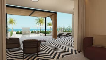 A modern hotel room with a large sliding glass door leading to a balcony with a pool, lounge chairs, and palm trees.