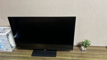 A flat-screen TV on a wooden surface with a small plant beside it.