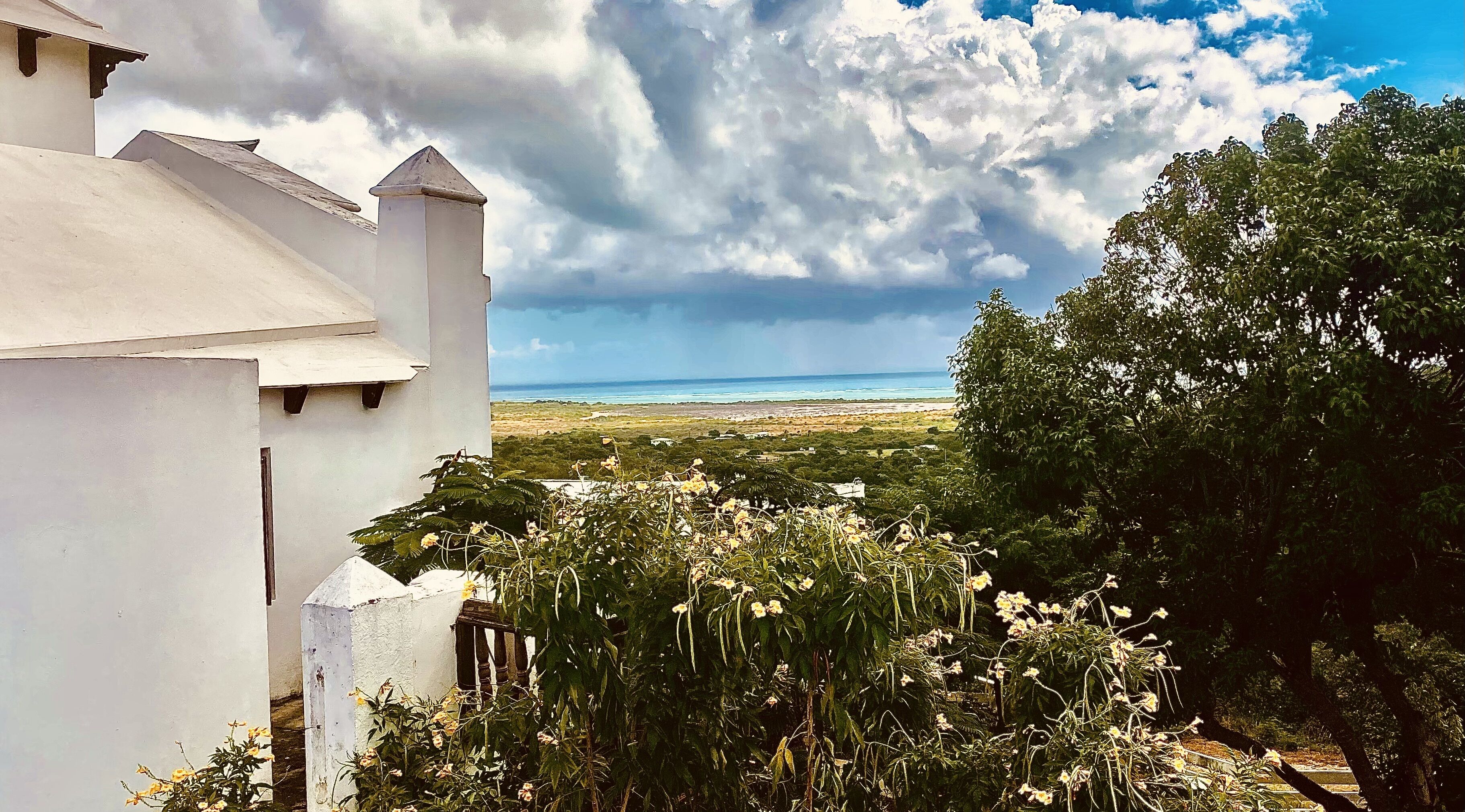 A coastal view with a white building, lush greenery, and a beach in the distance.