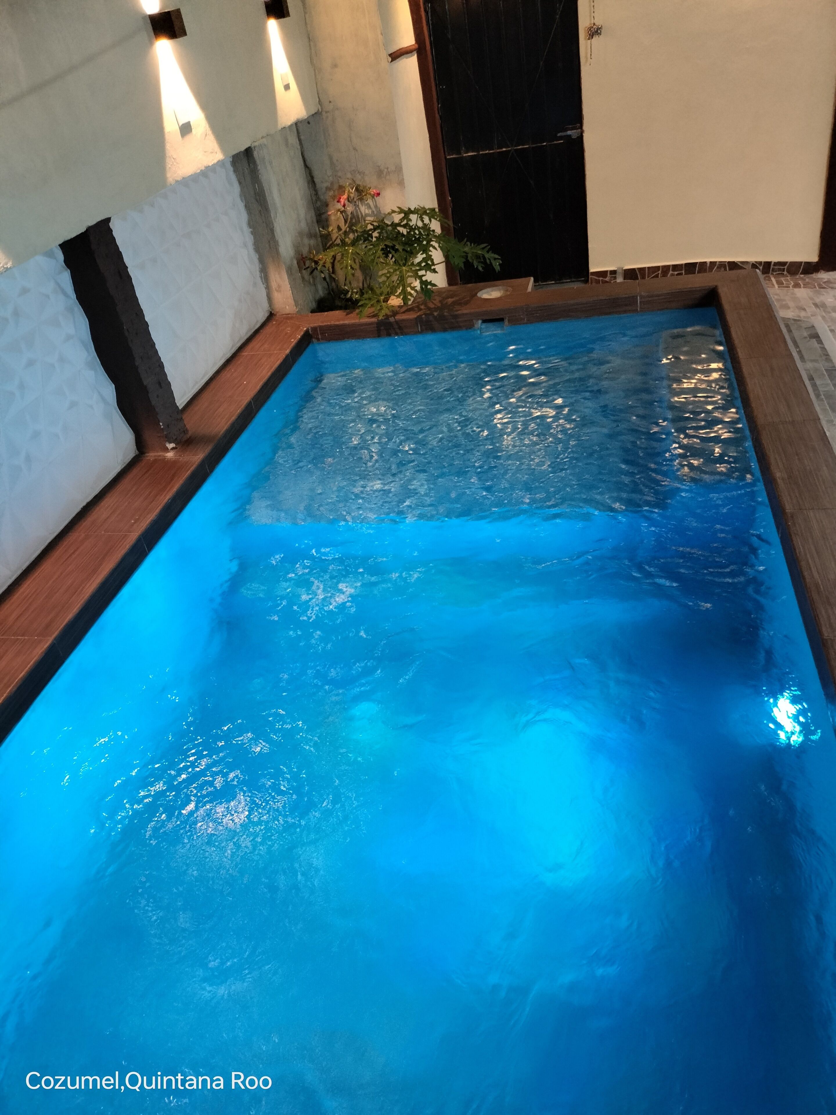 Ein rechteckiger Pool mit klarem, blauem Wasser, umgeben von einer Holzterrasse und einer Fliesenbordüre.