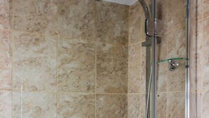 A modern bathroom with a glass-enclosed shower, a bathtub, and a tiled wall.