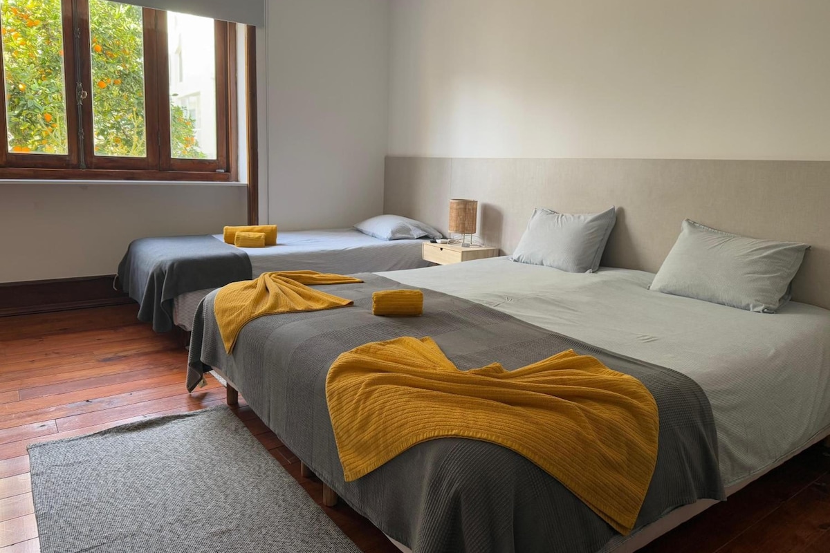 A hotel room with two beds, a window with a view of trees, a bedside table with a lamp, and a rug on the floor.