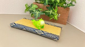 Una planta pequeña en maceta con hojas verdes y un objeto de tela estampado con dos ranas verdes.