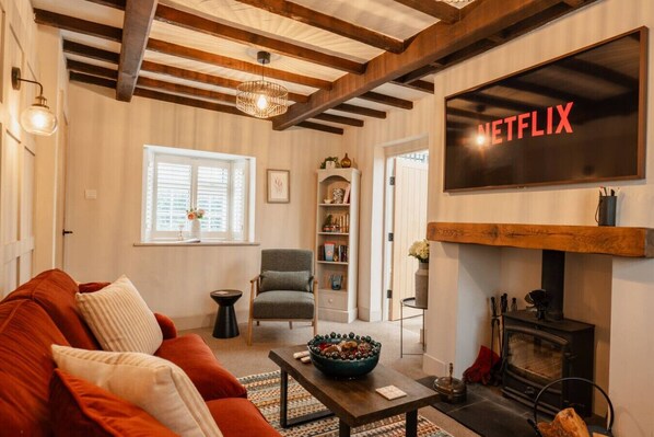 Télévision, cheminée, chaîne hi-fi